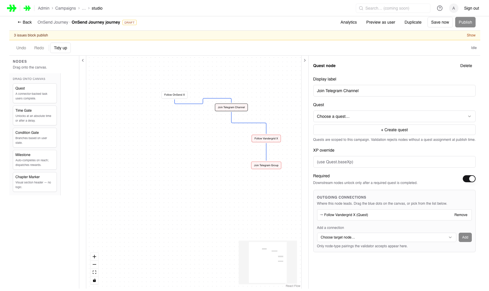 The OnSend journey builder — a visual canvas for branching, multi-step campaign journeys.