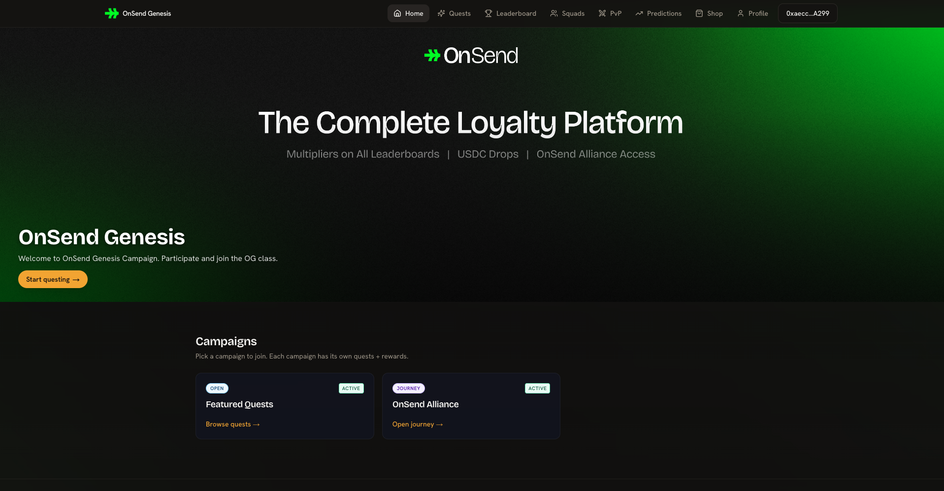 The OnSend Genesis campaign home — the platform running live on itself.