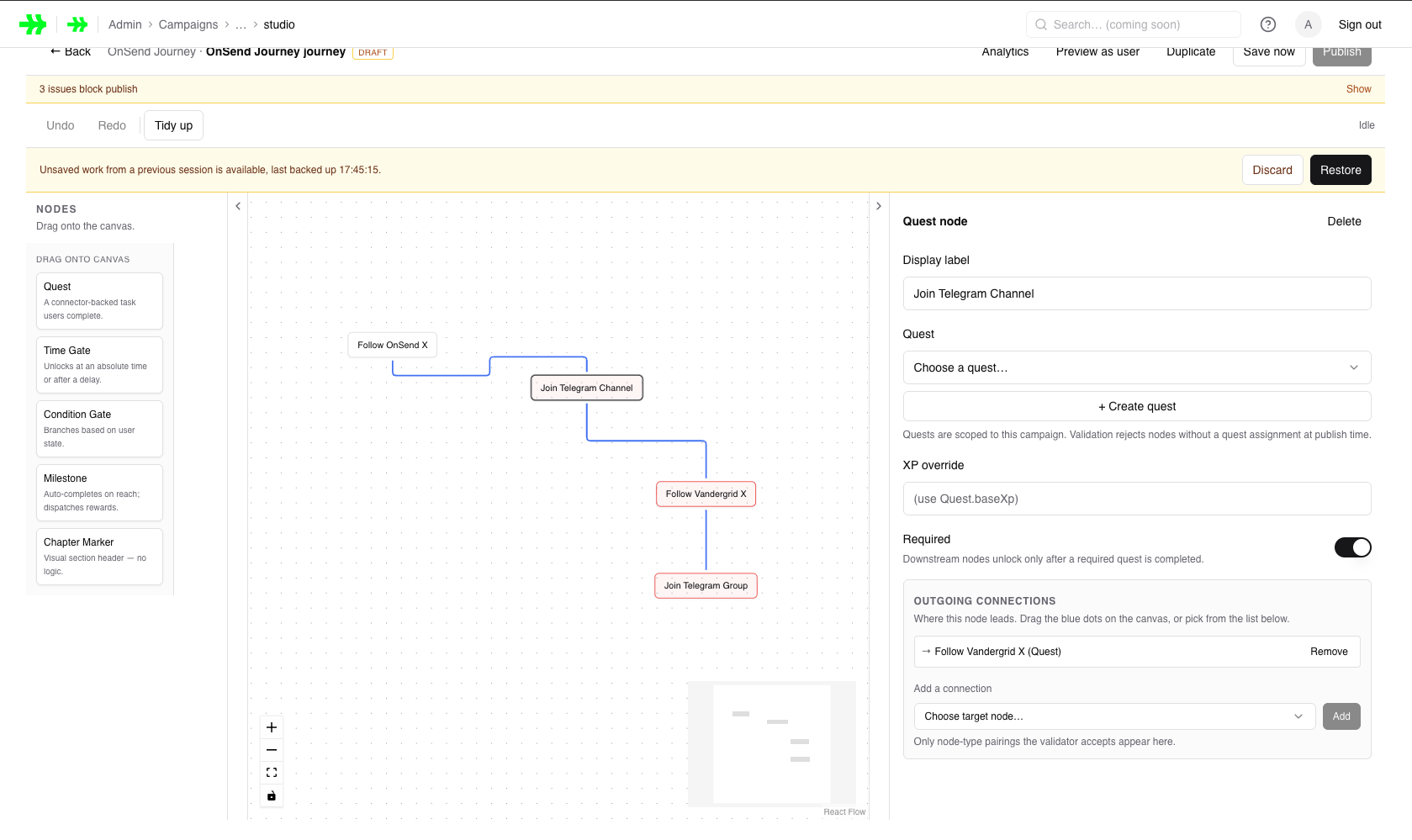 The OnSend visual campaign studio — a drag-and-drop canvas for designing multi-step quest journeys.
