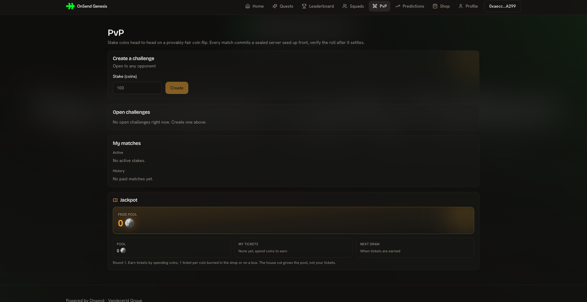 The PvP arena, where members stake coins head-to-head on a provably-fair coin flip.
