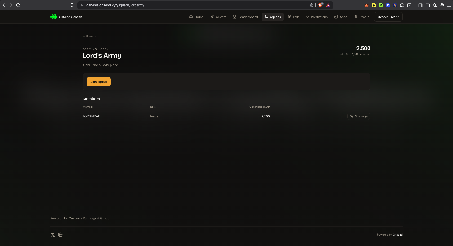 A squad page showing pooled member XP on the squad leaderboard.